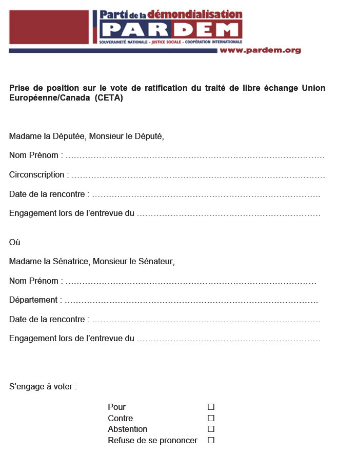 Position du parlementaire sur le CETA