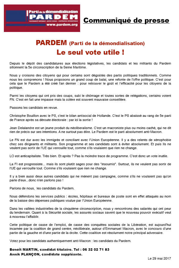 communique du 29 mai